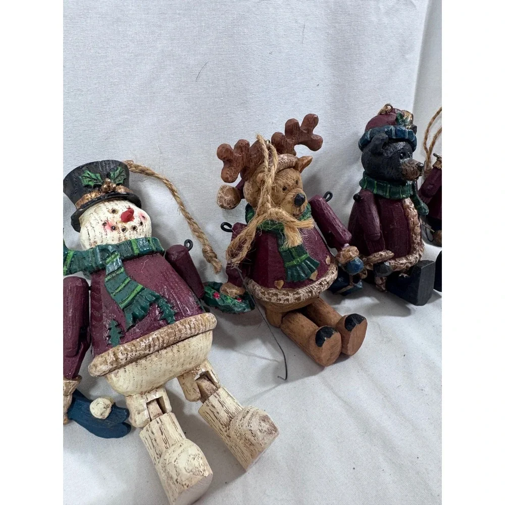 Set of 8 Rustic Faux Wood Resin Christmas Ornaments Articulated Hanging Figures